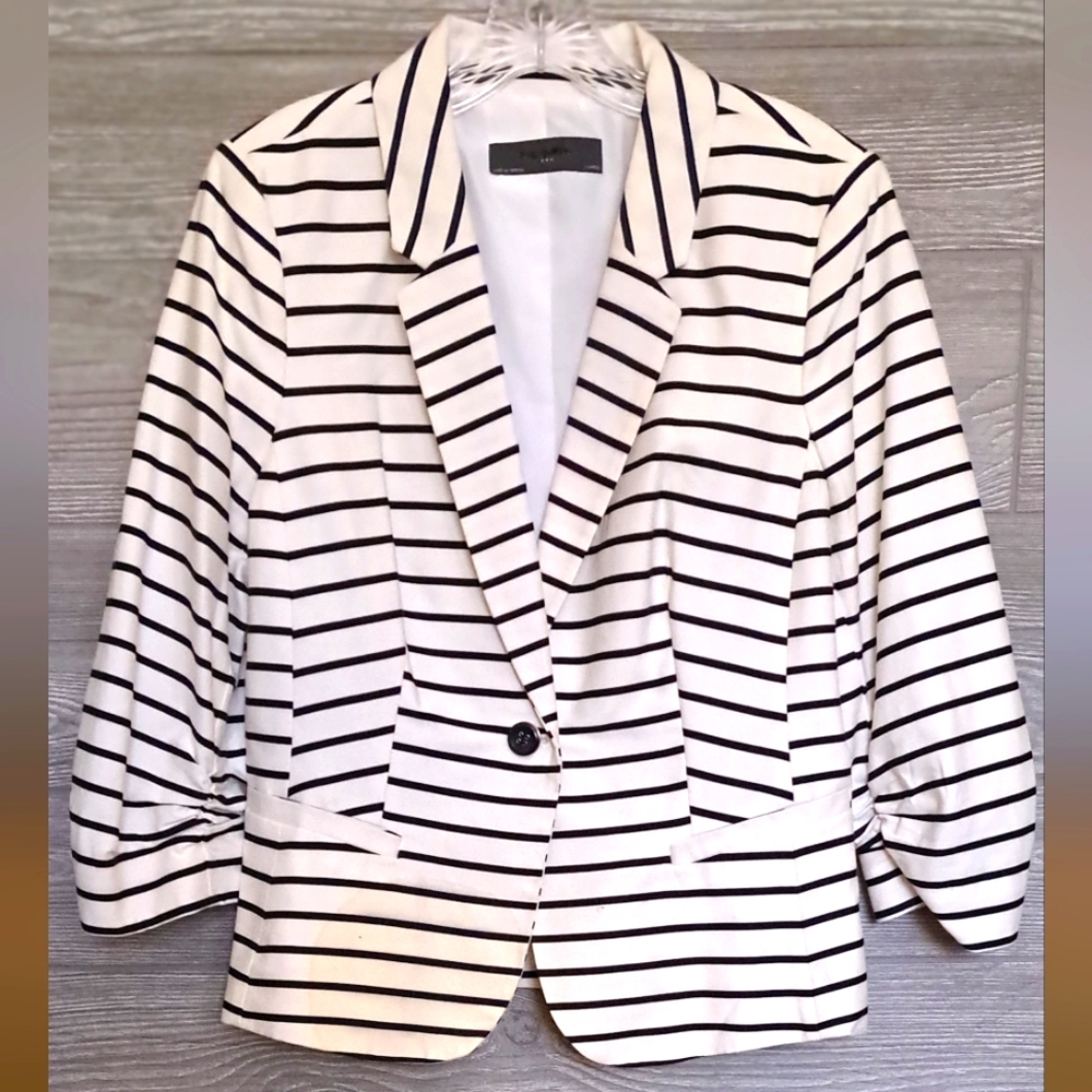 White with dark bluish/black stripes lined blazer, size XL, brand unknown